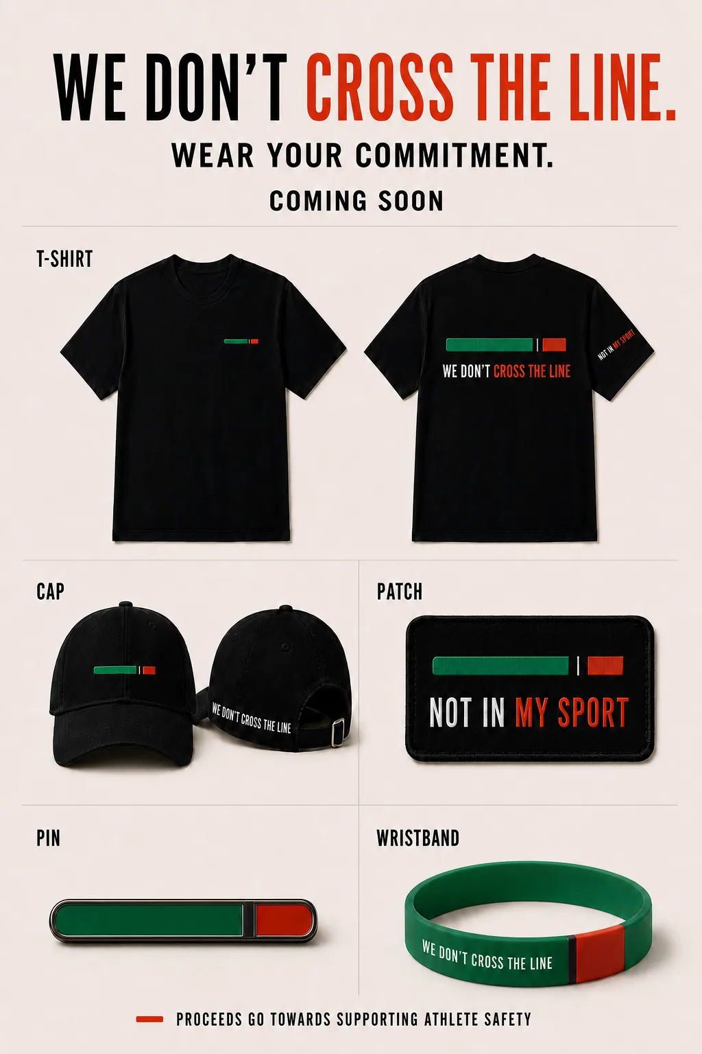 Not In My Sport merchandise concepts including a shirt, cap, patch, pin, and wristband